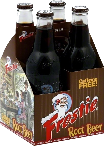 A four-pack of Frostie Root Beer in glass bottles