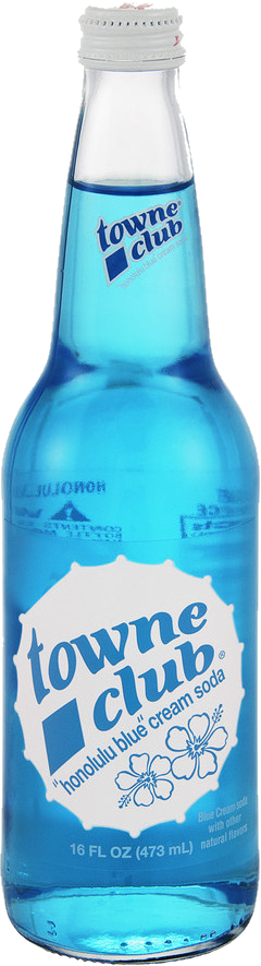 A blue Towne Club soda bottle