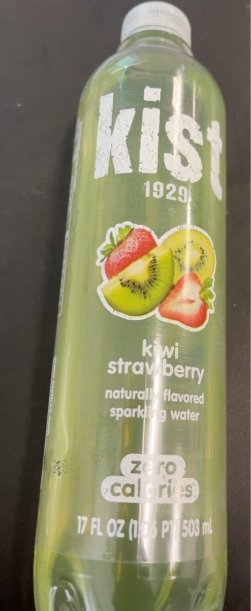 Close-up of a Kist Kiwi Strawberry sparkling water bottle