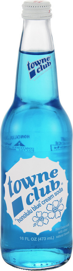 Towne Club blue soda in a 16 oz glass bottle